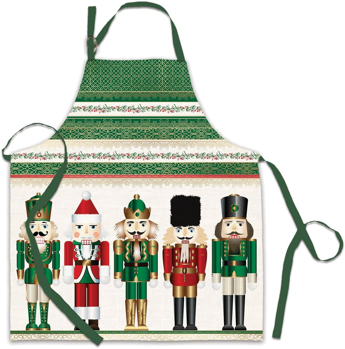 Holiday apron made of white cotton with adjustable neck ties.