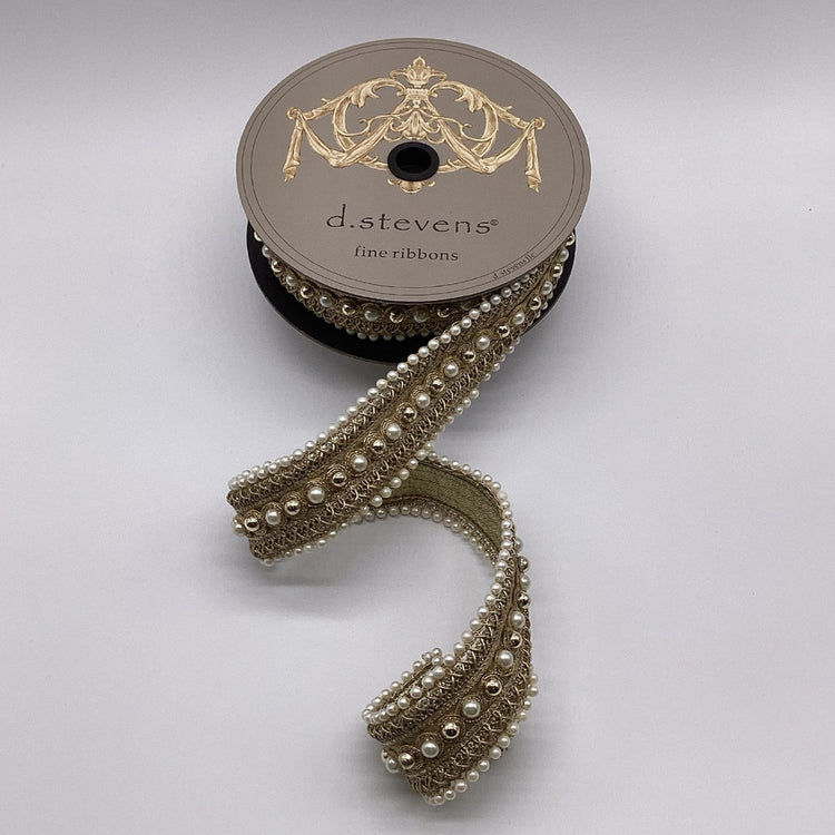 1.75 inch gold metallic jewel pearl Poiret trim on a d.stevens spool.