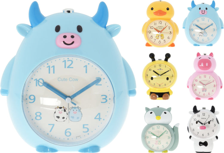 White alarm clock with an adorable animal face design on the front.
