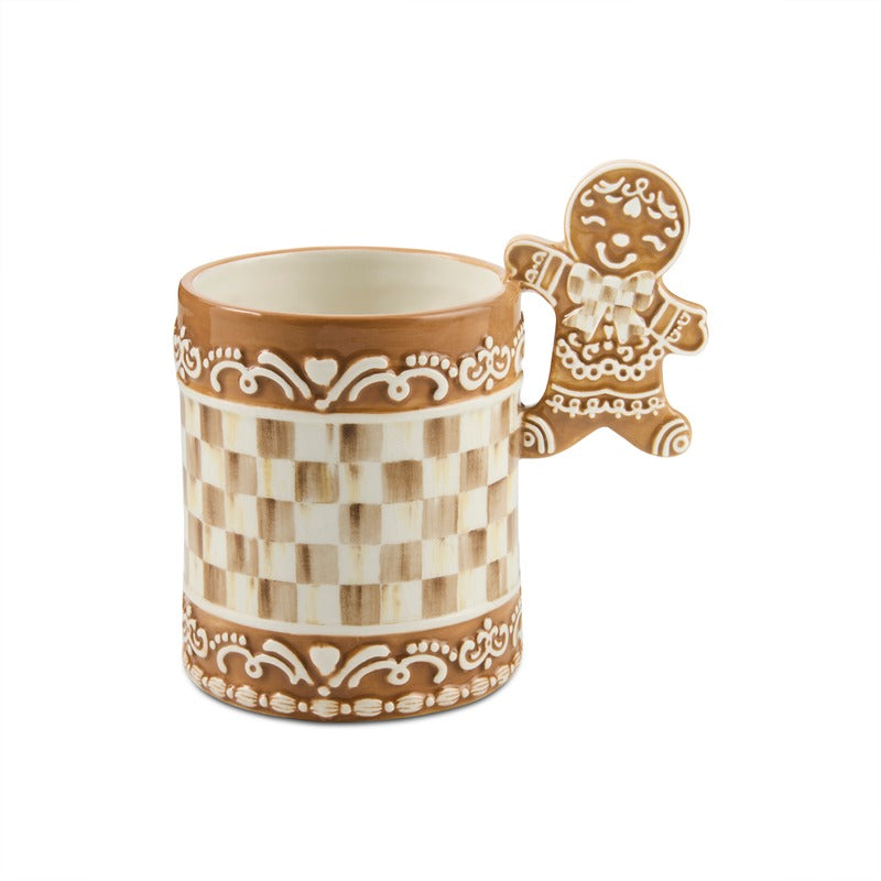 Mocha Check Gingerbread Mug with a gingerbread man handle and white icing-style patterns.
