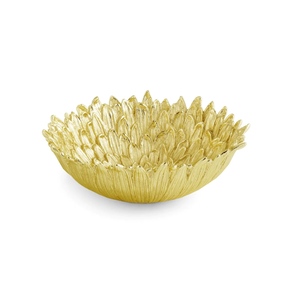 Goldtone aluminum casted dahlia bowl with a seven-inch diameter.