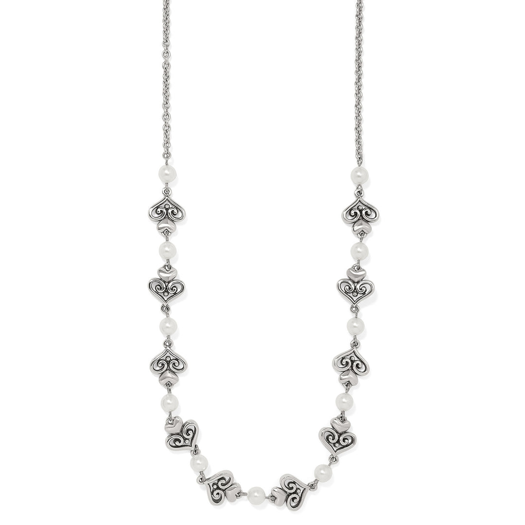Silver-plated necklace with a silver chain featuring a central glass pearl pendant in an adjustable lobster claw closure.