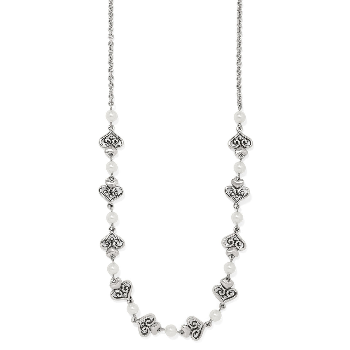 Silver-plated necklace with a silver chain featuring a central glass pearl pendant in an adjustable lobster claw closure.