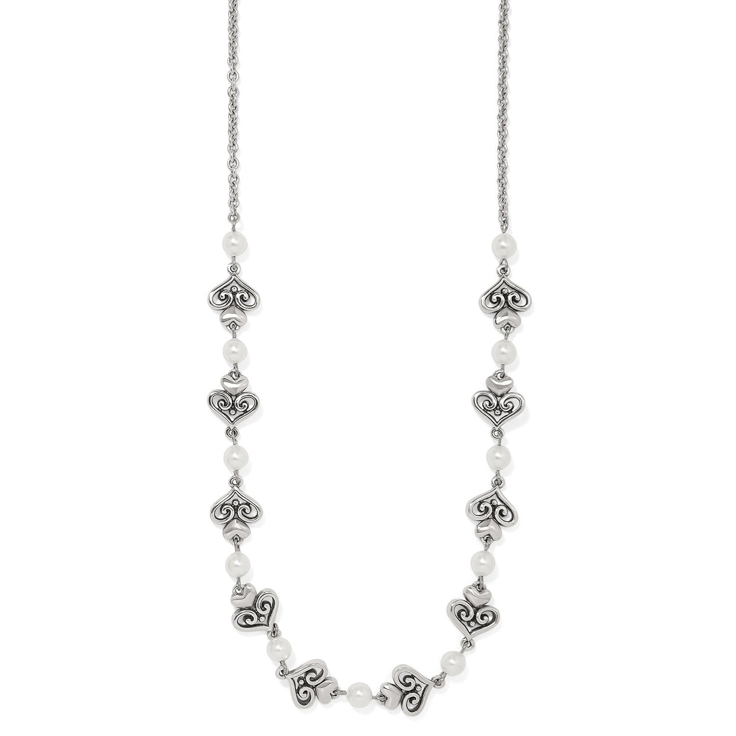 Silver-plated necklace with a silver chain featuring a central glass pearl pendant in an adjustable lobster claw closure.