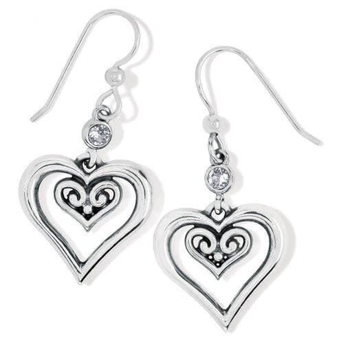 Silver plated French wire earrings featuring sculpted hearts-within-hearts with fine quality crystals.