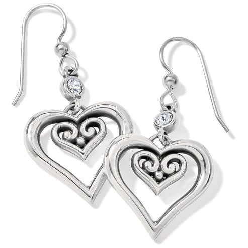 Silver plated French wire earrings featuring sculpted hearts-within-hearts with fine quality crystals.