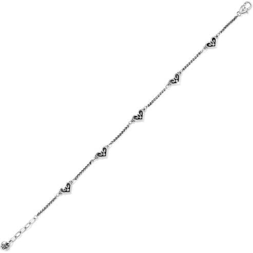 Silver-plated adjustable anklet with five heart charms featuring crystal centers.