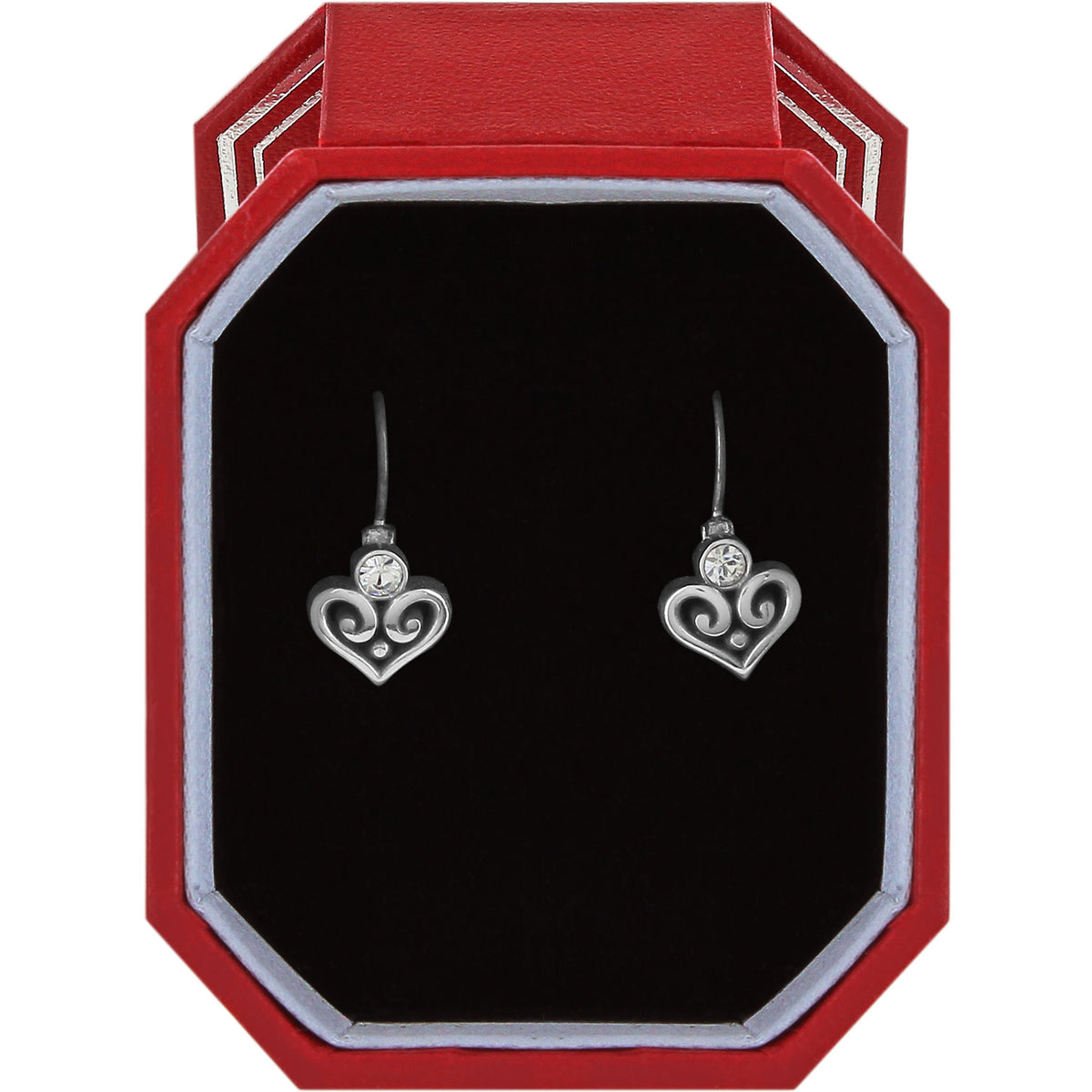 Silver plated leverback earrings featuring swirly filigree hearts topped with fine quality crystals.