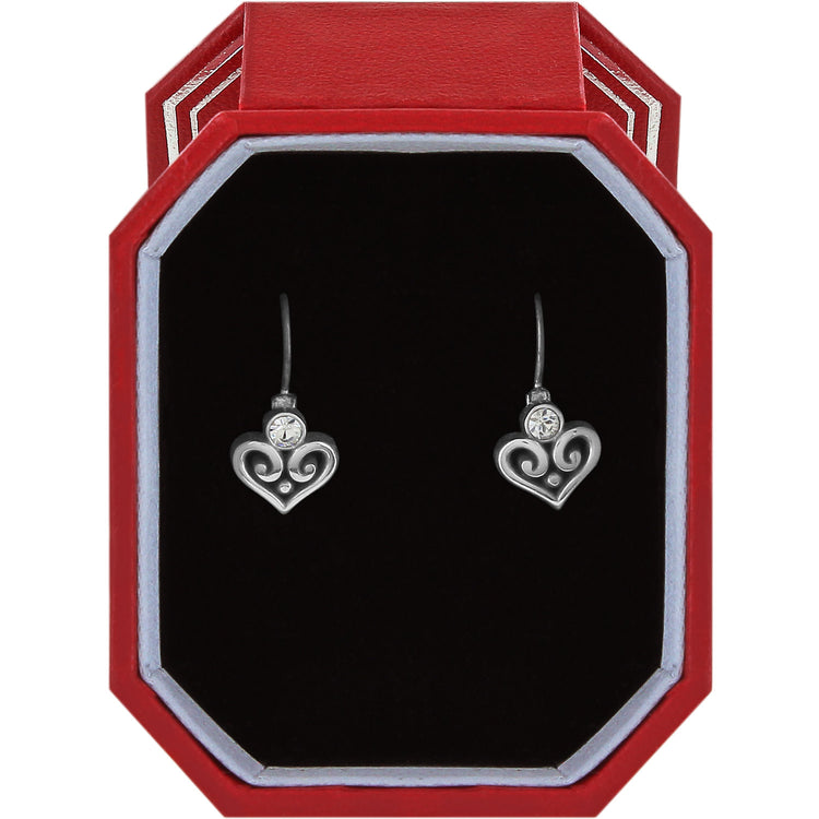 Silver plated leverback earrings featuring swirly filigree hearts topped with fine quality crystals.