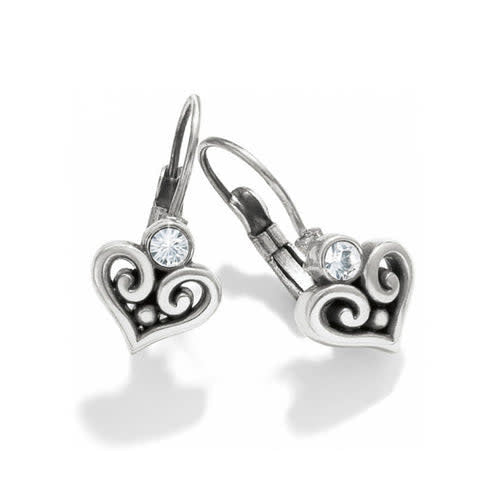 Silver-plated heart-shaped leverback earrings with swirly filigree crystals