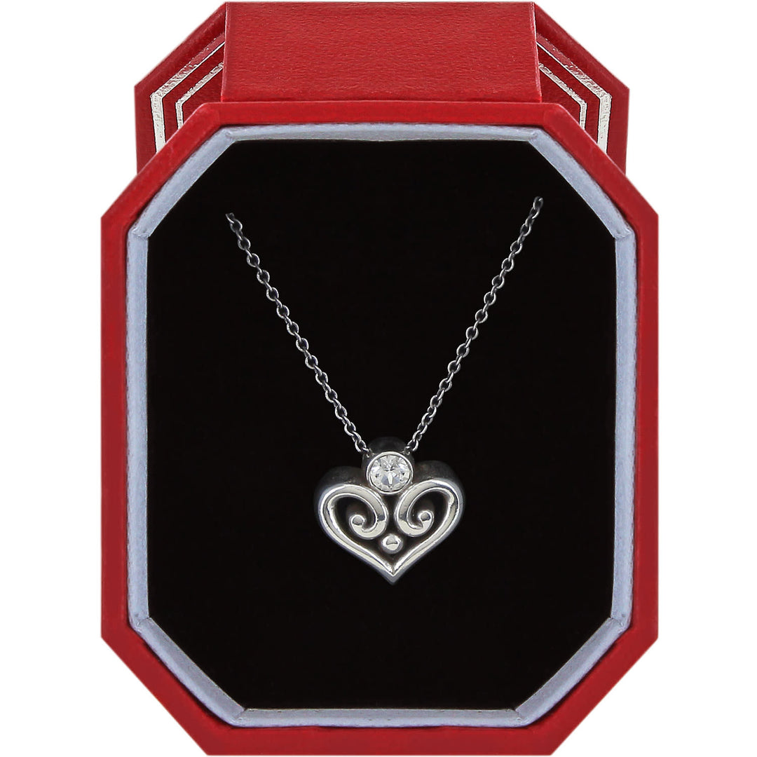 Silver plated heart necklace with crystal accents in a gift box