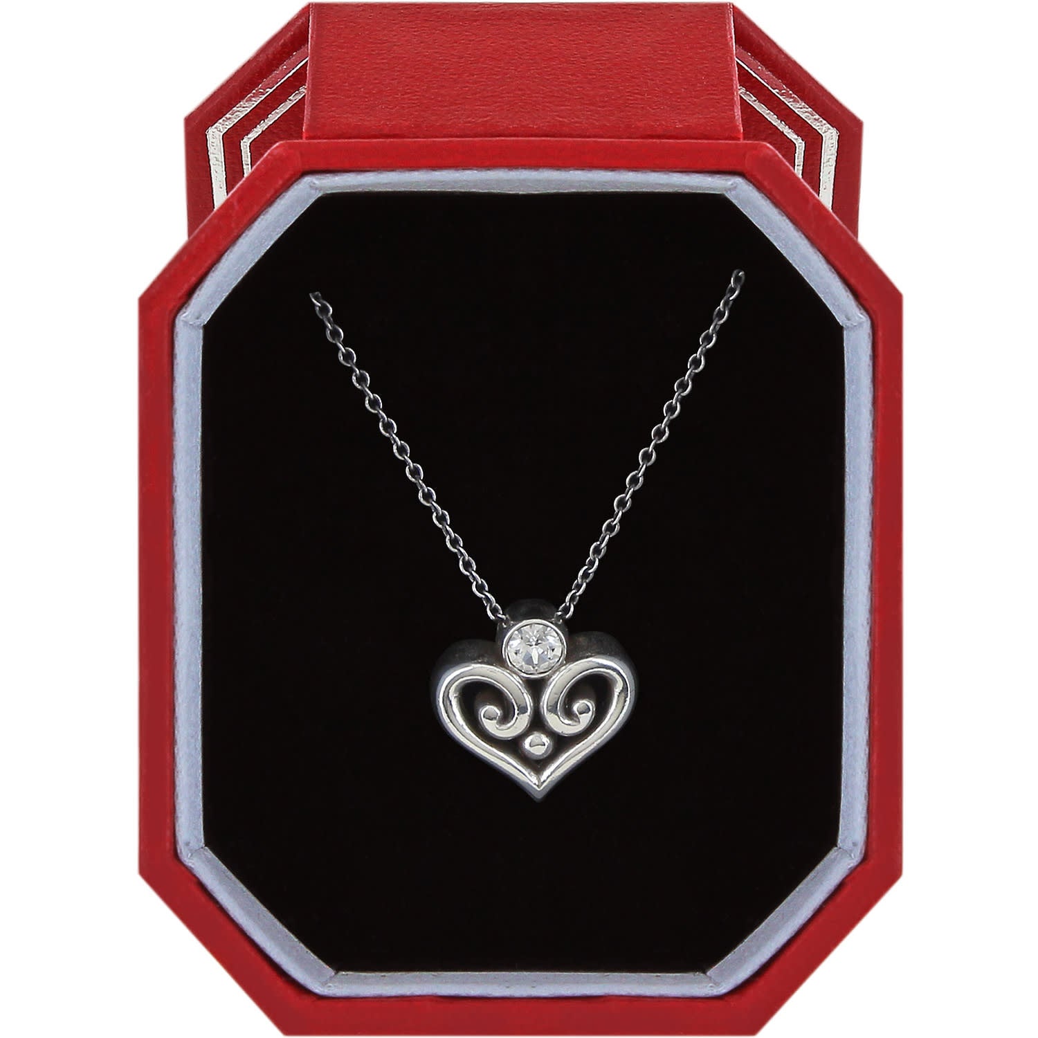 Silver plated heart necklace with crystal accents in a gift box
