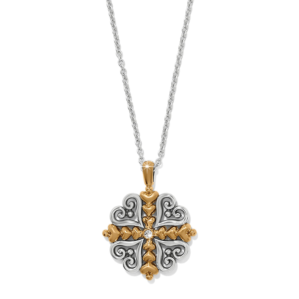Silver-plated heart necklace with gold accents featuring fine quality crystals on a lobster claw closure