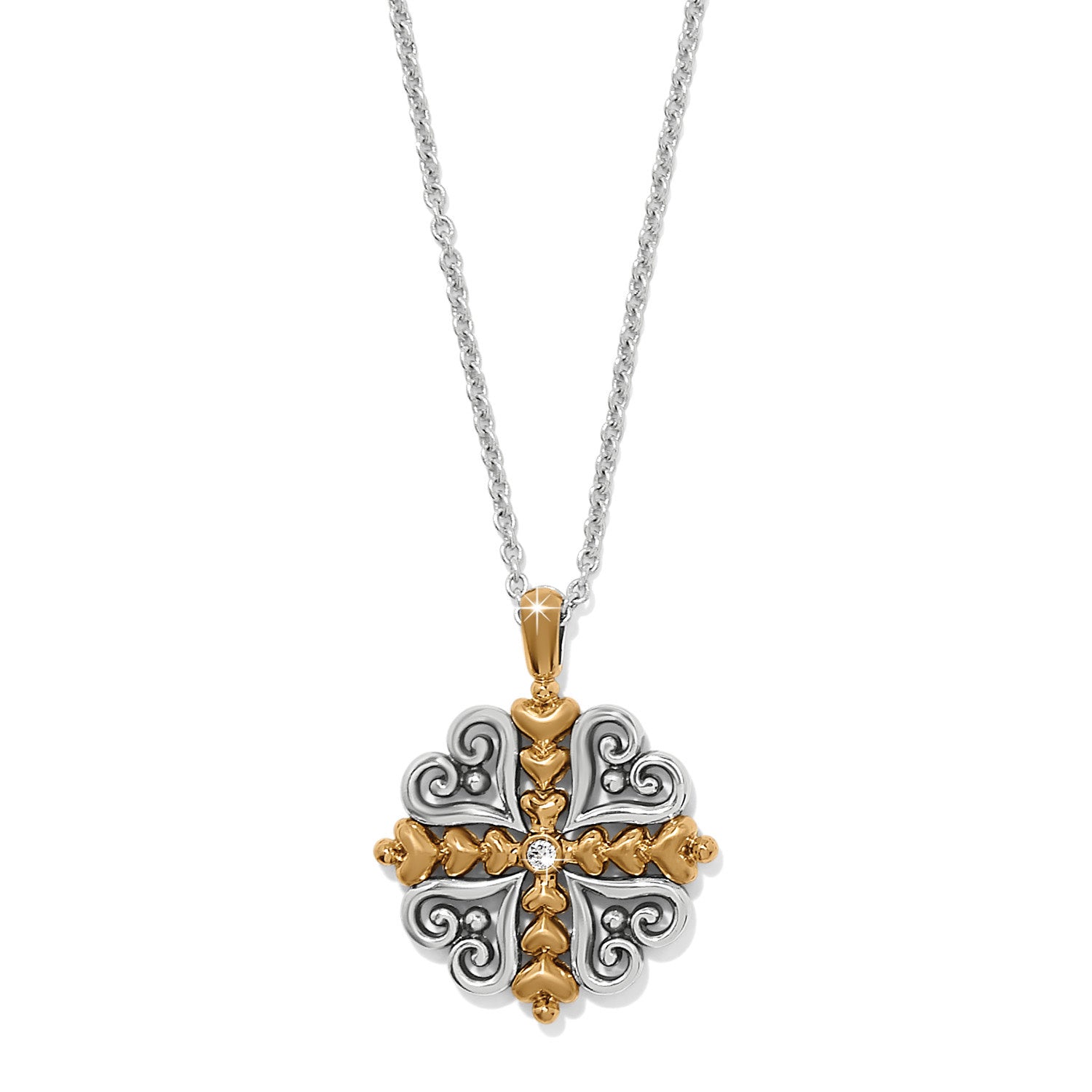 Silver-plated heart necklace with gold accents featuring fine quality crystals on a lobster claw closure