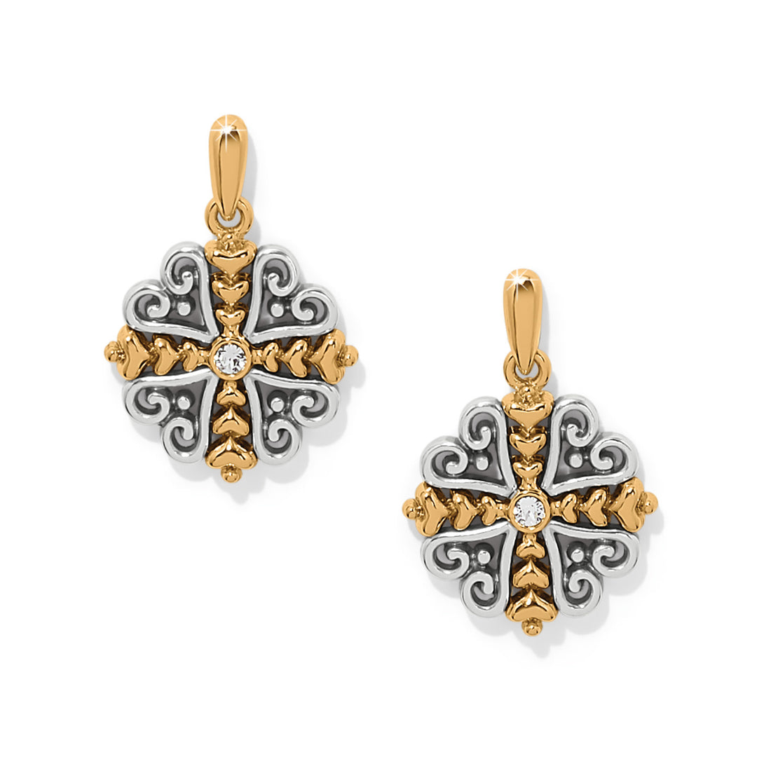 Silver-gold two-tone post drop earrings featuring linked heart shapes forming a cross silhouette with fine quality crystals.