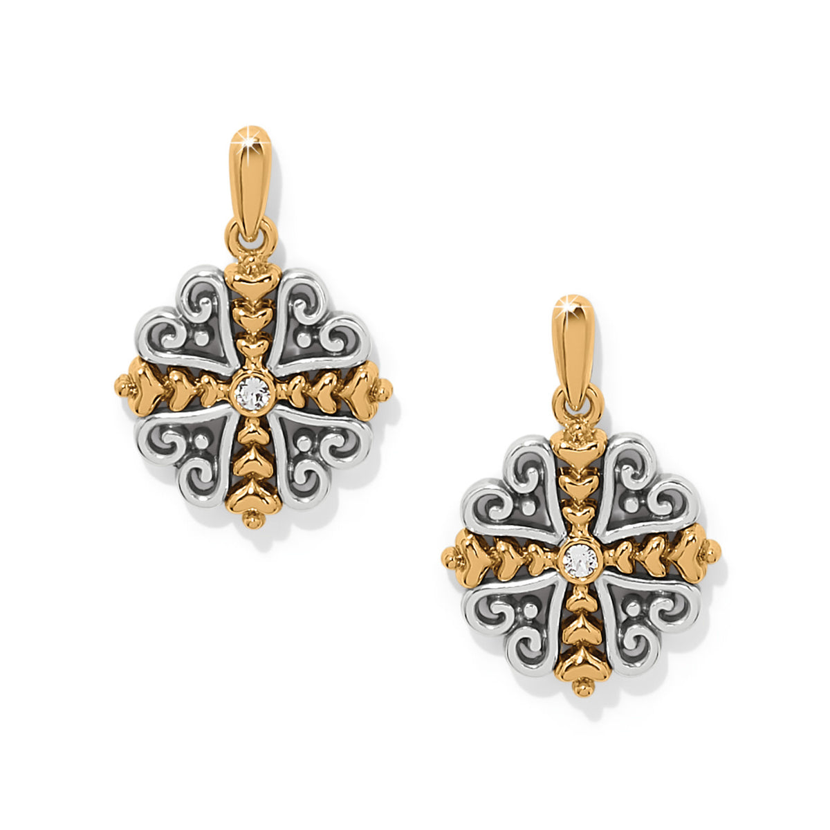 Silver-gold two-tone post drop earrings featuring linked heart shapes forming a cross silhouette with fine quality crystals.