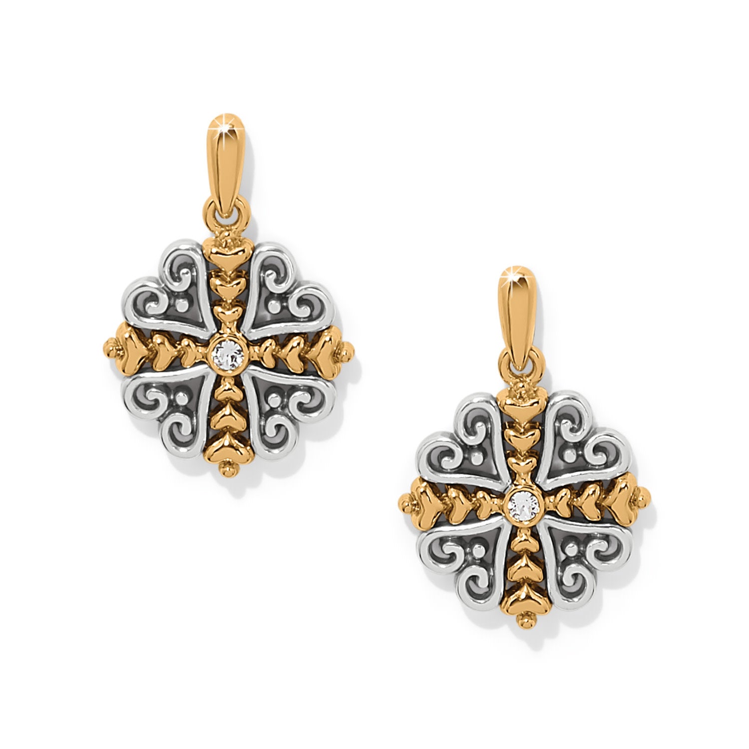 Silver-gold two-tone post drop earrings featuring linked heart shapes forming a cross silhouette with fine quality crystals.