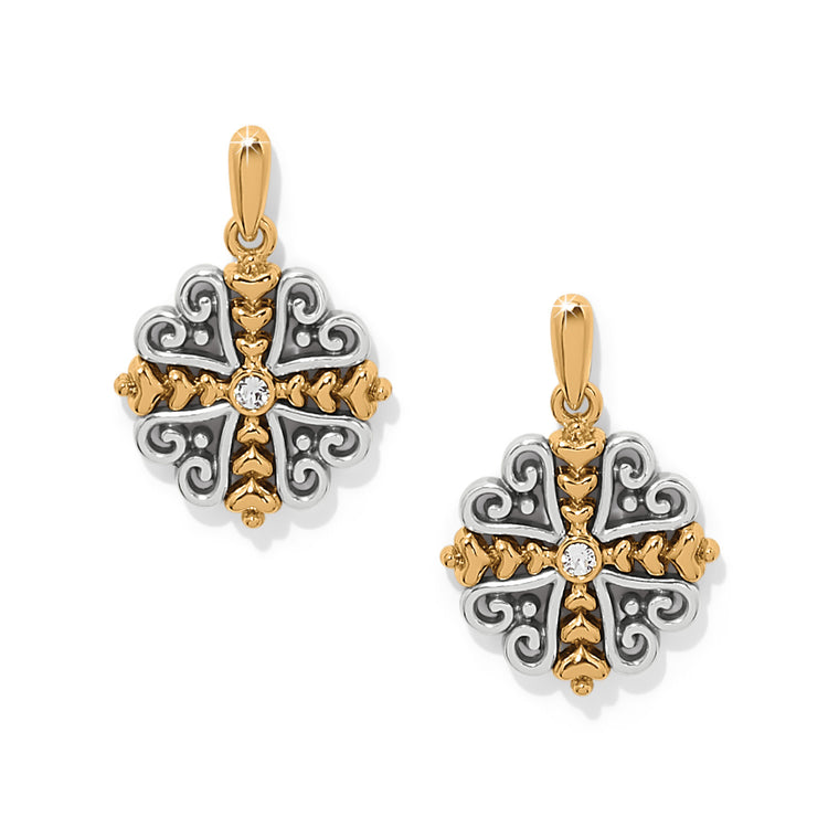 Silver-gold two-tone post drop earrings featuring linked heart shapes forming a cross silhouette with fine quality crystals.