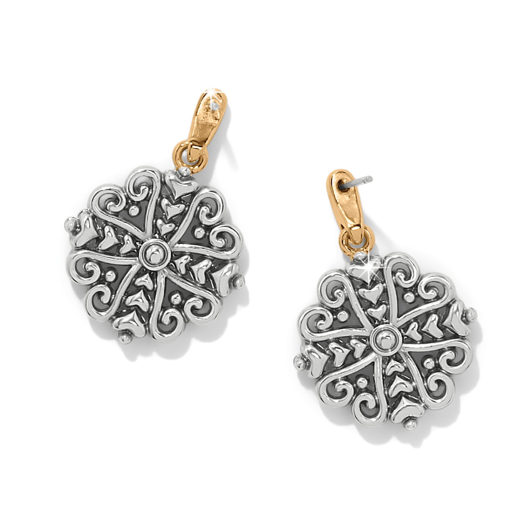 Two-tone silver and gold post drop earrings featuring linked heart crystals in a cross silhouette.