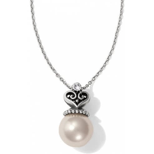 Silver plated crystal pearl pendant on a short lobster claw chain necklace.