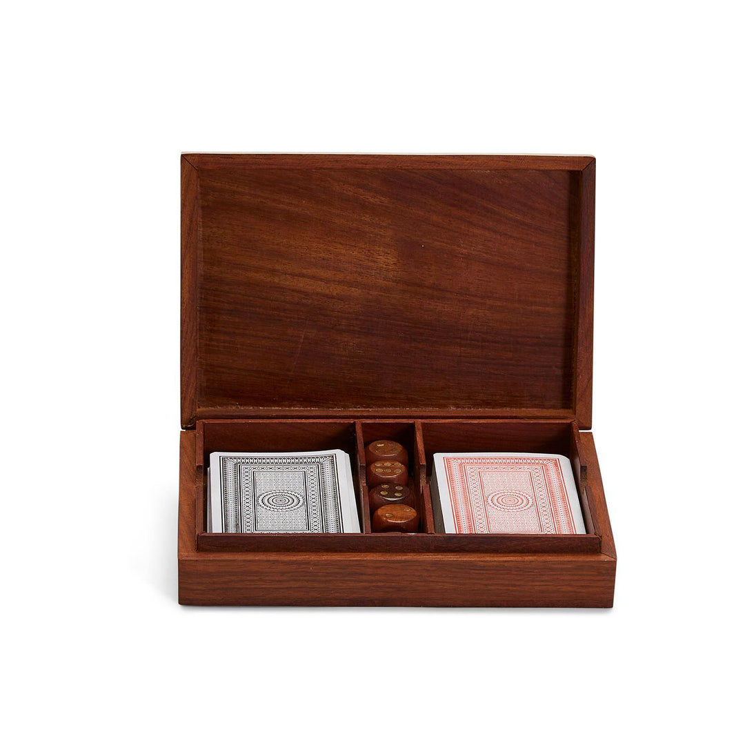 Open acacia wood box containing two decks of playing cards and five wooden dice.