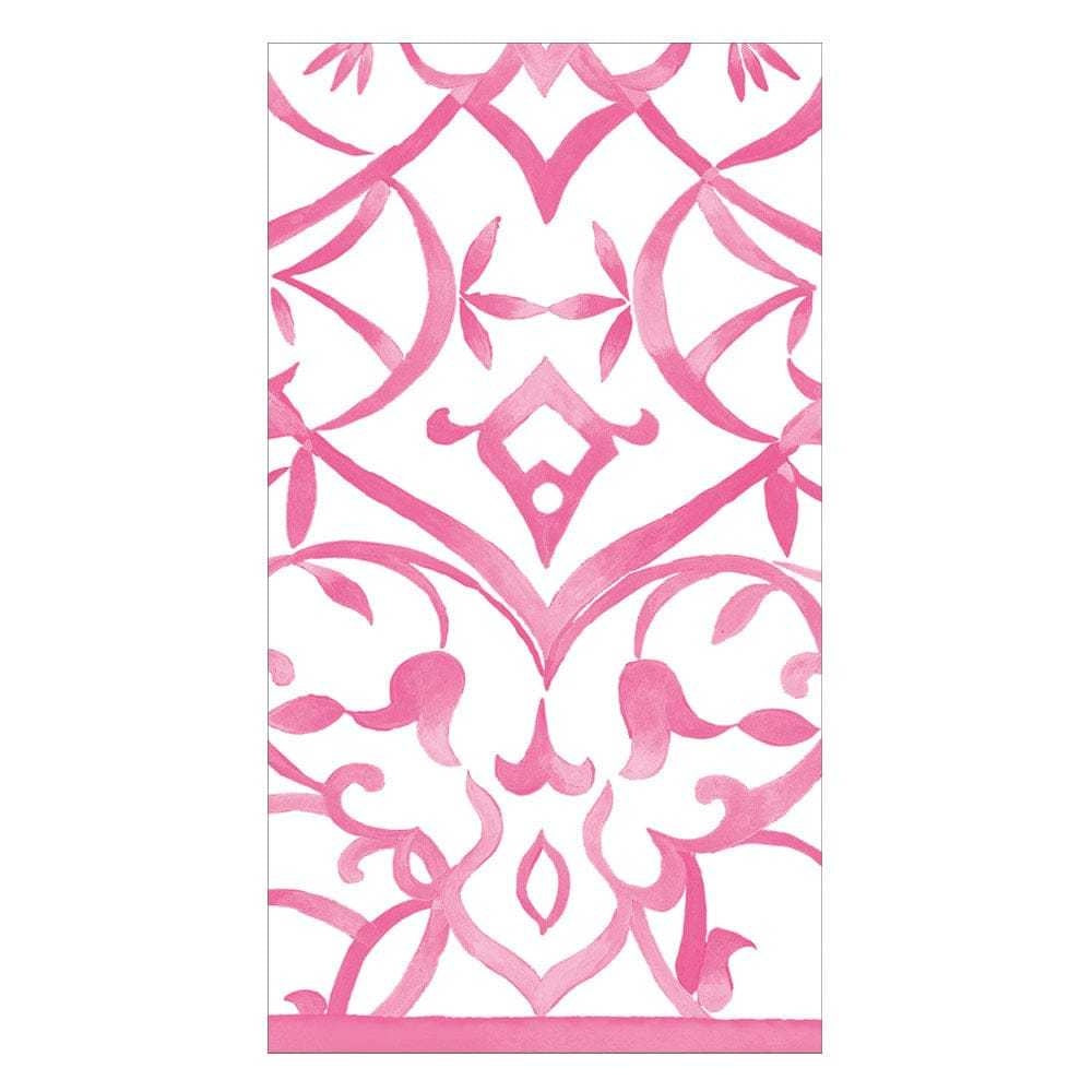 Packaged Algarve fuchsia airlaid paper linen guest towels with triple-ply construction.