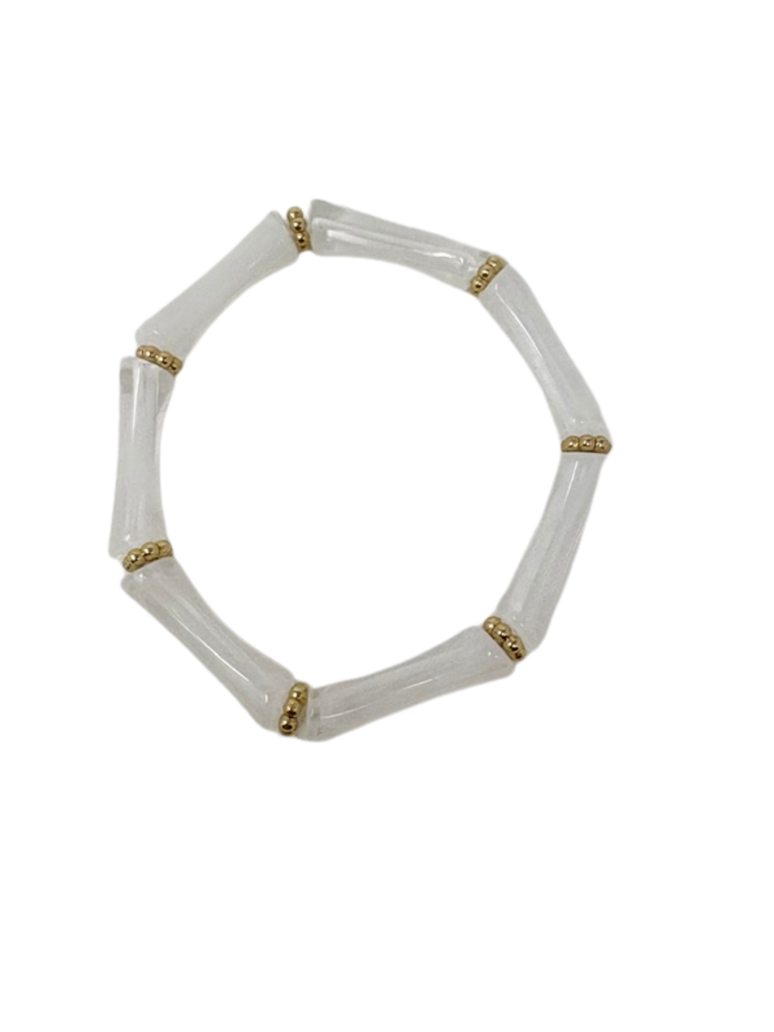 White resin tube stretch bracelet with small gold bead spacers.