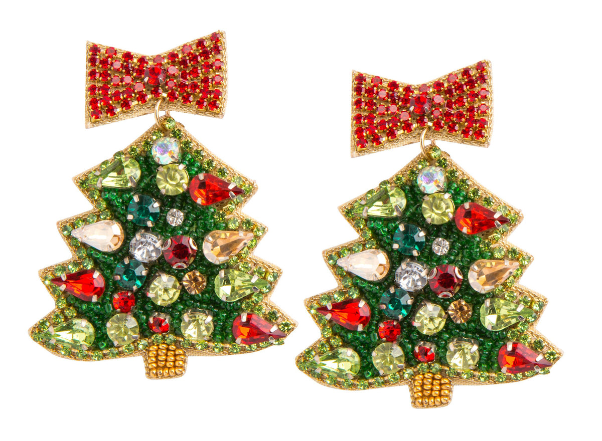 3.5-inch rhinestone Christmas tree earrings with a bow accent