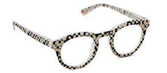 Round Frame of Mind sunglasses with pixel check blue tint lenses on recycled polycarbonate frames.