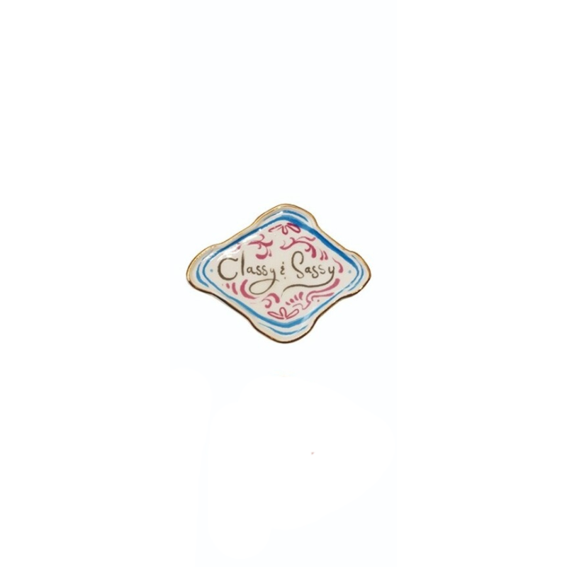 Diamond-shaped stoneware magnet with gold trim and 'Classy & Sassy' text in pink and blue.
