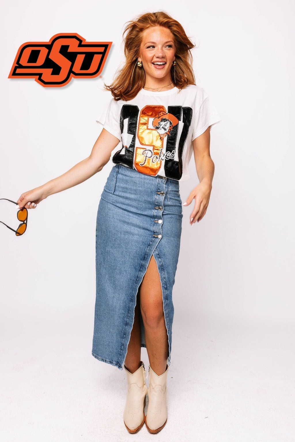 Alice Licensed Oklahoma State Metallic Word With Icons Tee