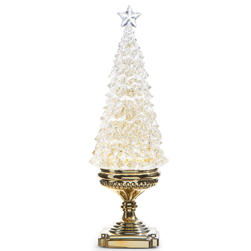 17-inch lighted clear Christmas tree with a star topper on a decorative gold pedestal base.