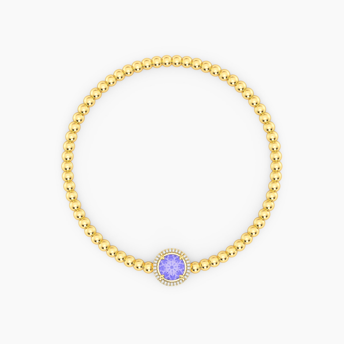 Gold plated beaded bracelet with a round-cut purple tanzanite center stone and diamond halo.