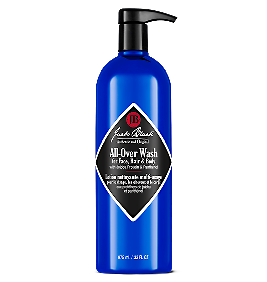 Front view of a white bottle labeled All-Over Wash with Jojoba Protein and Panthenol.
