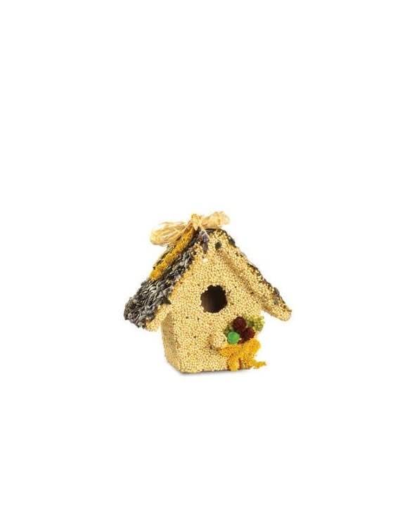 Hand-decorated wooden birdhouse cottage with natural raffia, floral accents, cranberries, raisins, and millet.