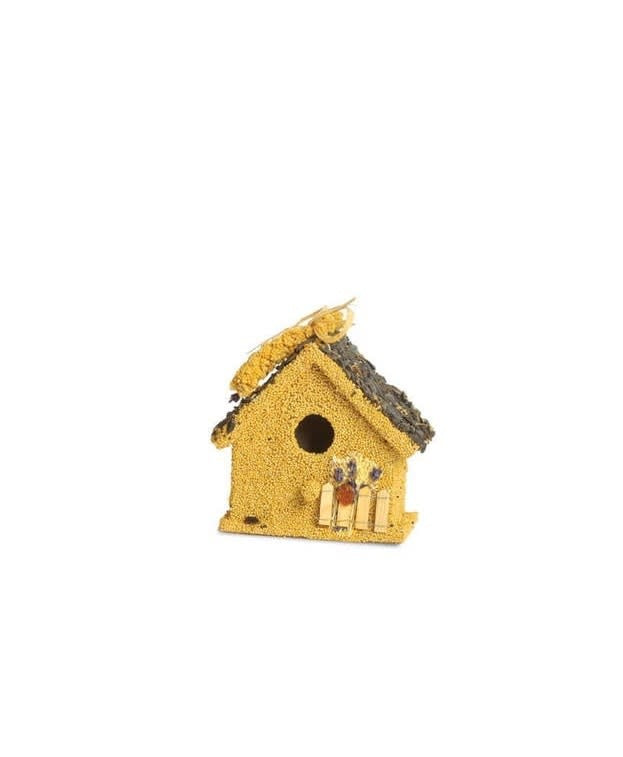 Hand-decorated wooden birdhouse cottage treat with natural raffia, floral accents, cranberries, raisins, and millet.