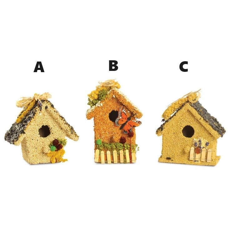 Hand-decorated wooden birdhouse cottage with natural raffia, floral accents, cranberries, raisins, and millet.