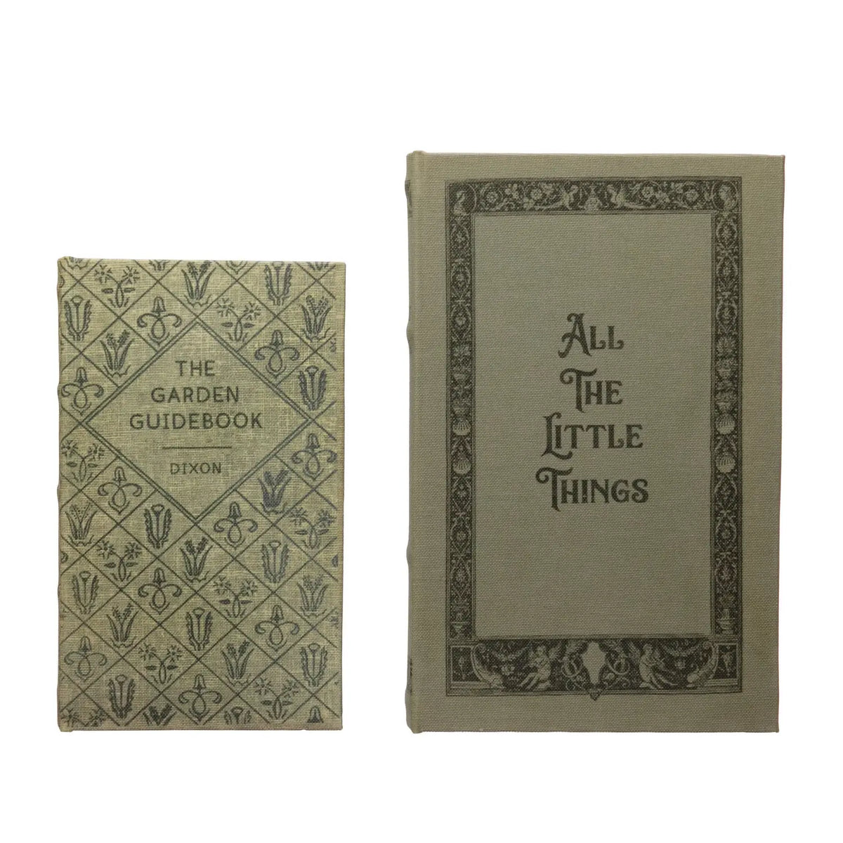 Set of small rectangular MDF book storage boxes with canvas fronts in a neutral tone.