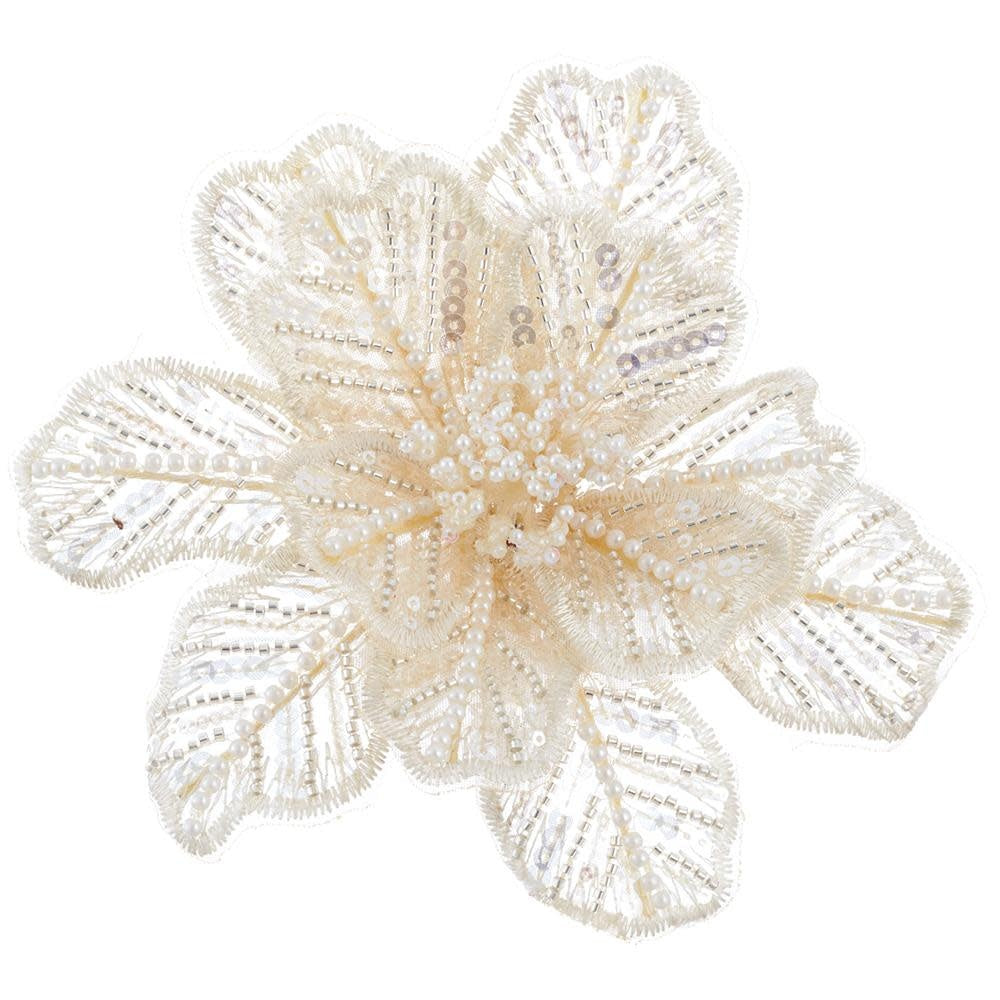 8" Pearl/Bead Flower With Clip in Champagne