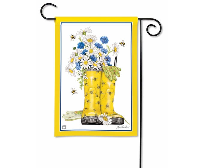 Garden flag featuring a colorful floral pattern on a white background with standard rectangular silhouette.