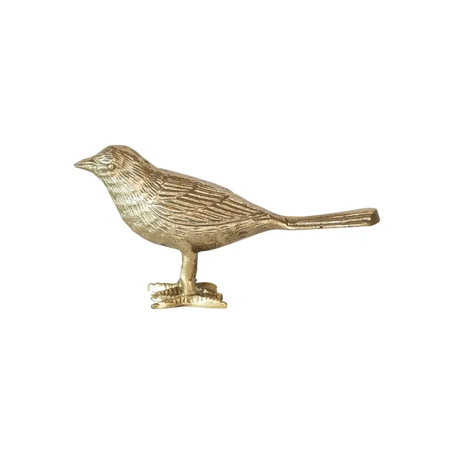 Cast aluminum bird sculpture in gold finish with a natural wing spread silhouette.