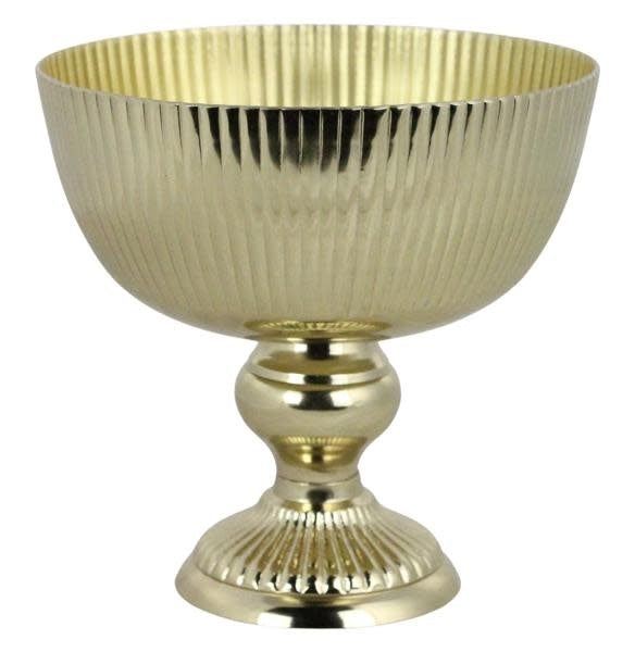 Eight-inch gold aluminum compote with a cylindrical silhouette.