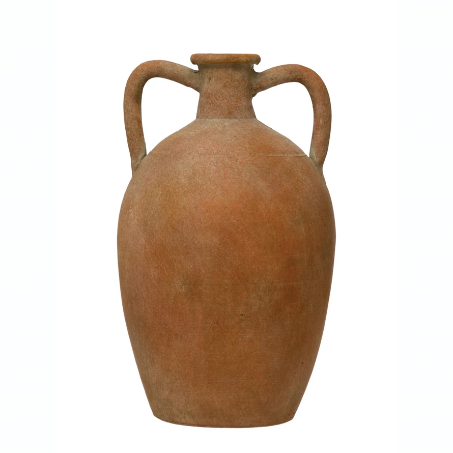 Terra-cotta urn with two handles and a rounded body, 10 inches high.