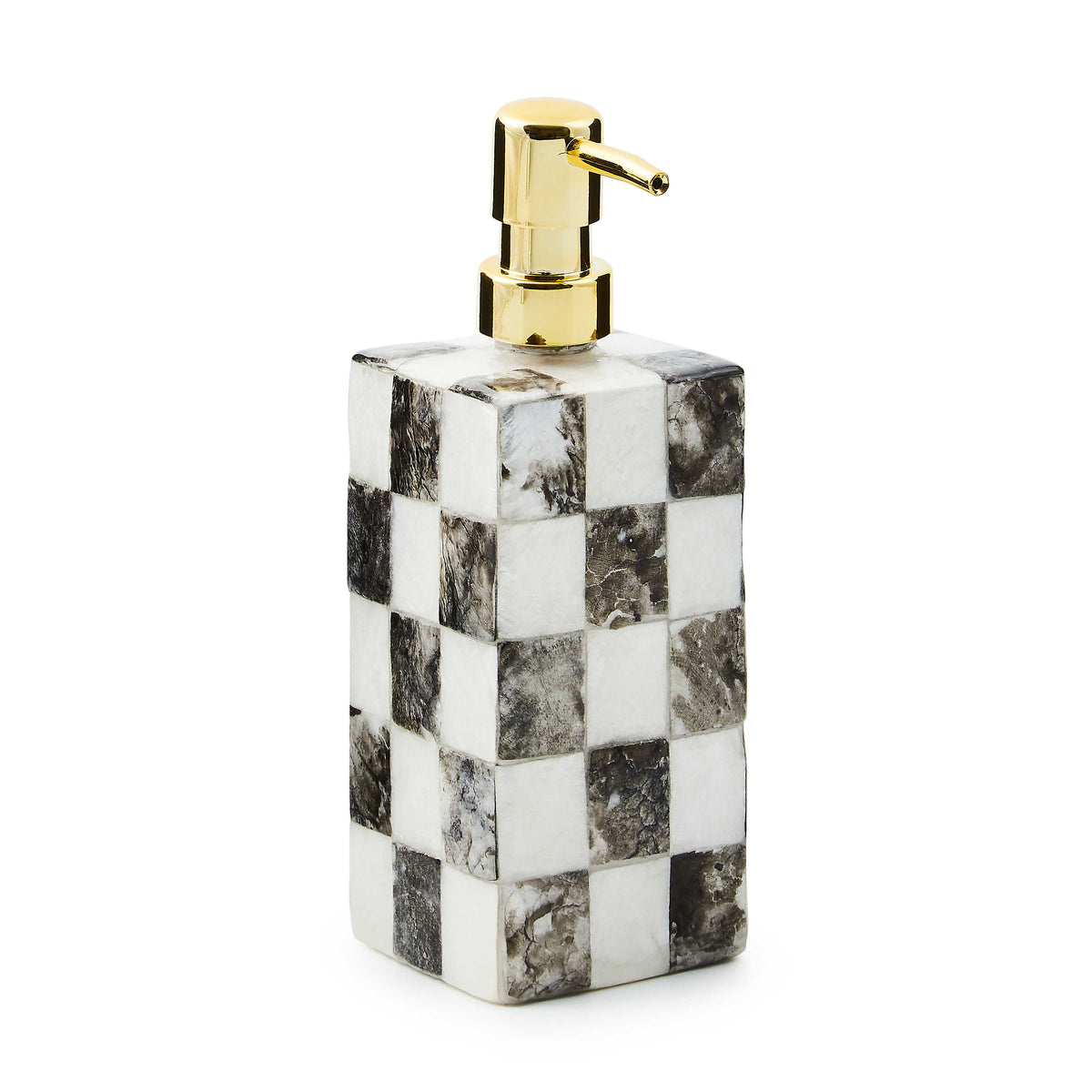 Courtly Check Capiz Soap Pump with a black and white checkered pattern and a gold-tone dispenser.
