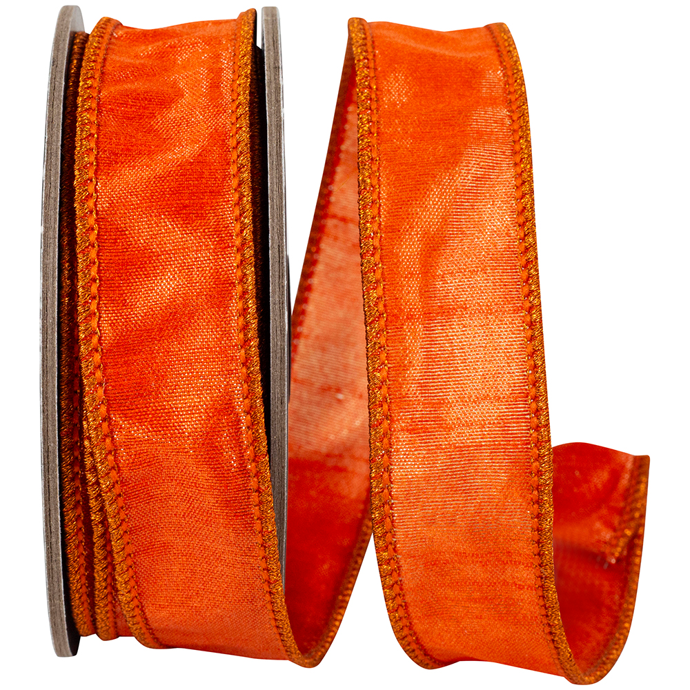 Orange shimmer crepe dupioni wired edge ribbon on a spool.