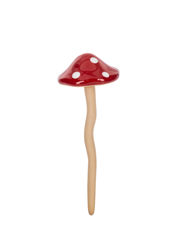 Multi-colored Mushroom Plant Pick measuring 6¾ inches tall with a 2½ inch wide and deep base.