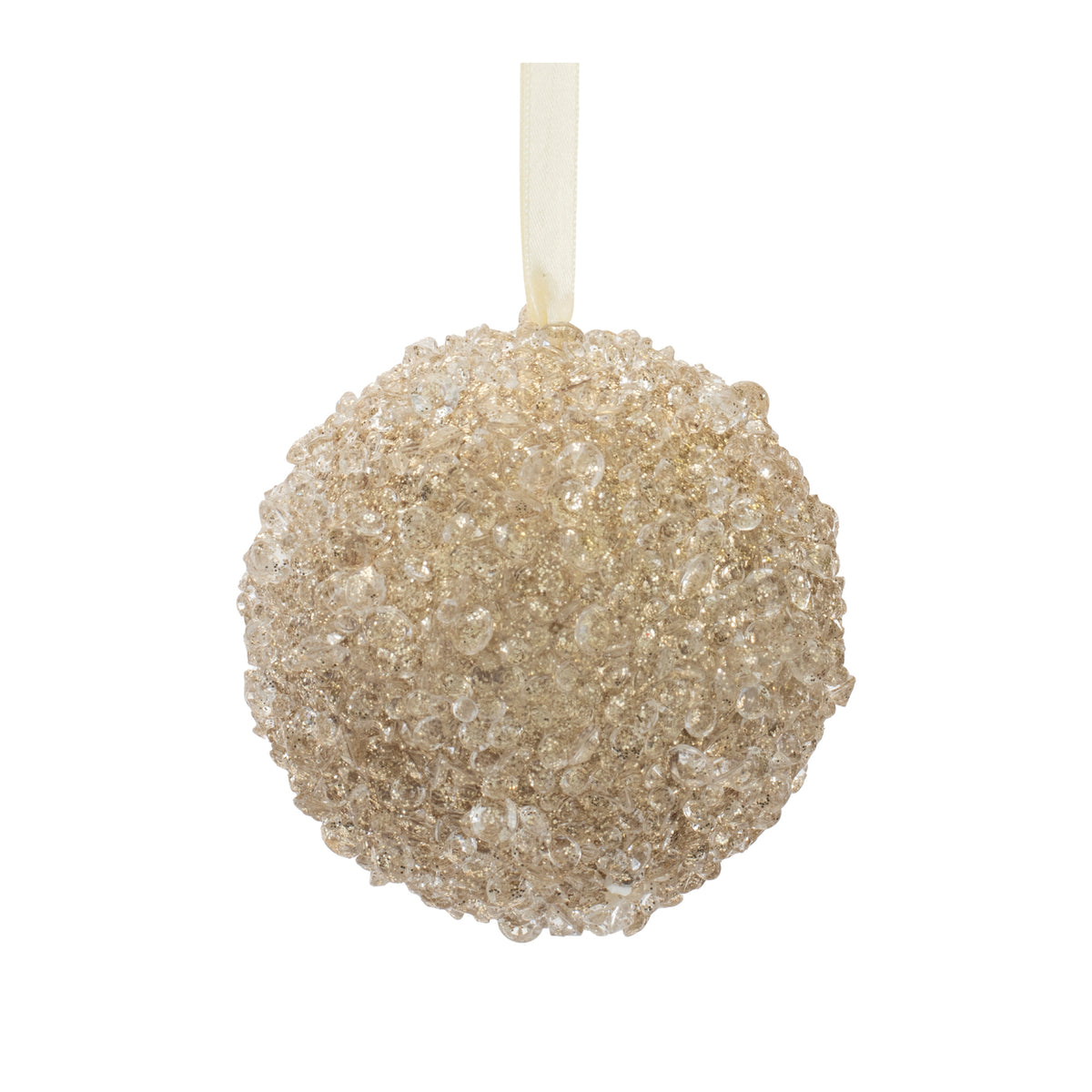 Champagne-colored foam ball ornament covered in sparkling beads and glitter with a hanging ribbon.