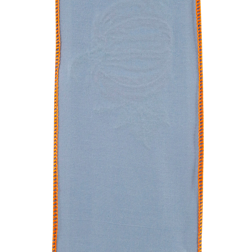 Deluxe wired edge denim ribbon in pumpkin orange with embroidered floral pattern