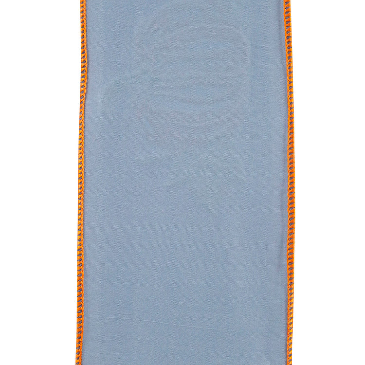Deluxe wired edge denim ribbon in pumpkin orange with embroidered floral pattern