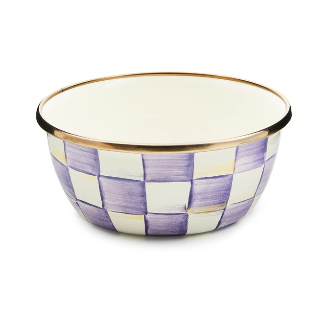 Violet check pinch bowl with a square silhouette featuring a grid pattern.